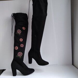 Chinese Laundry 'Briella' Black ThighHigh Suede Boots Floral Embroidery NWOB Sz6